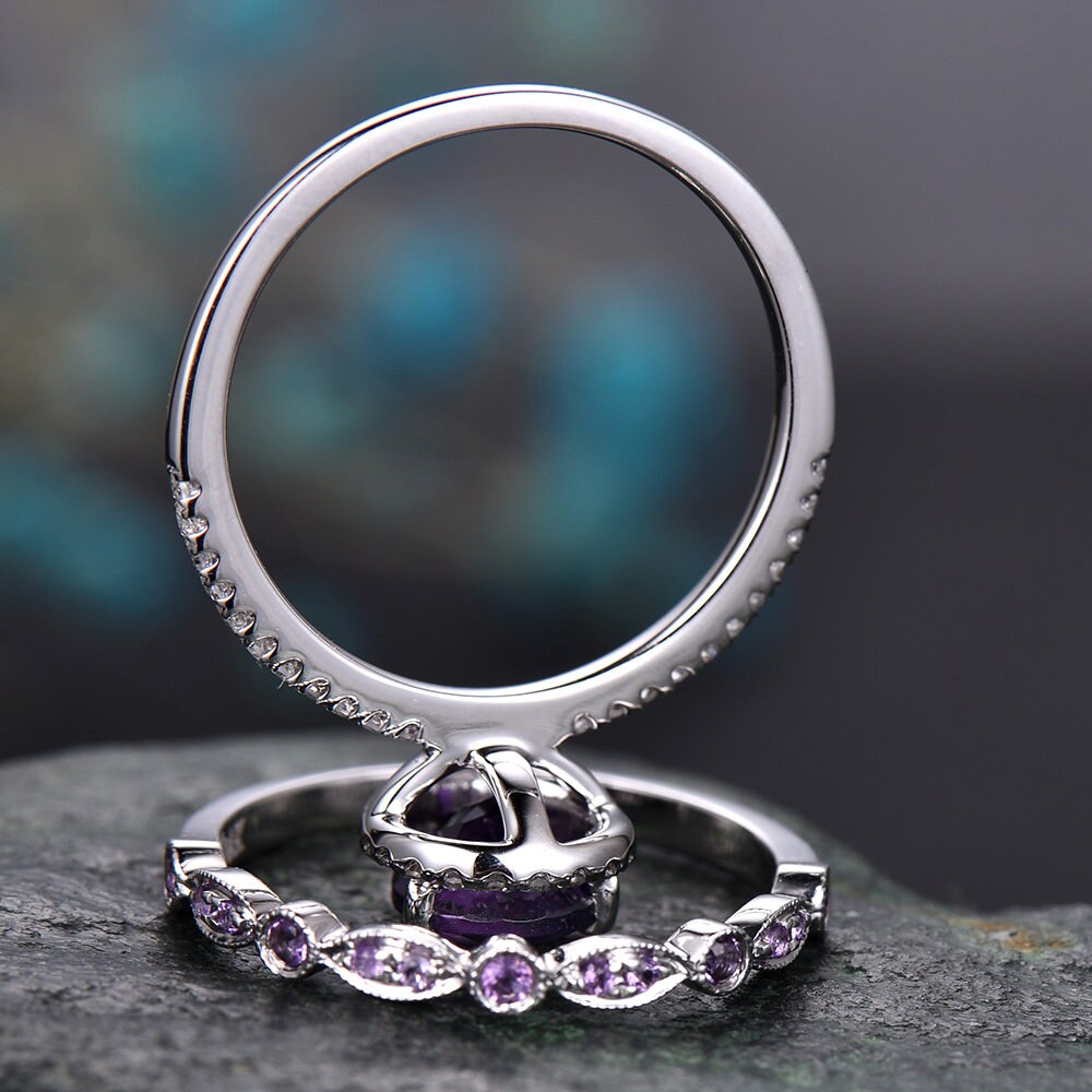 Amethyst engagement ring solid 14k White rose gold pear cut engagement ring amethyst wedding ring 2pc bridal set birthstone anniversary gift