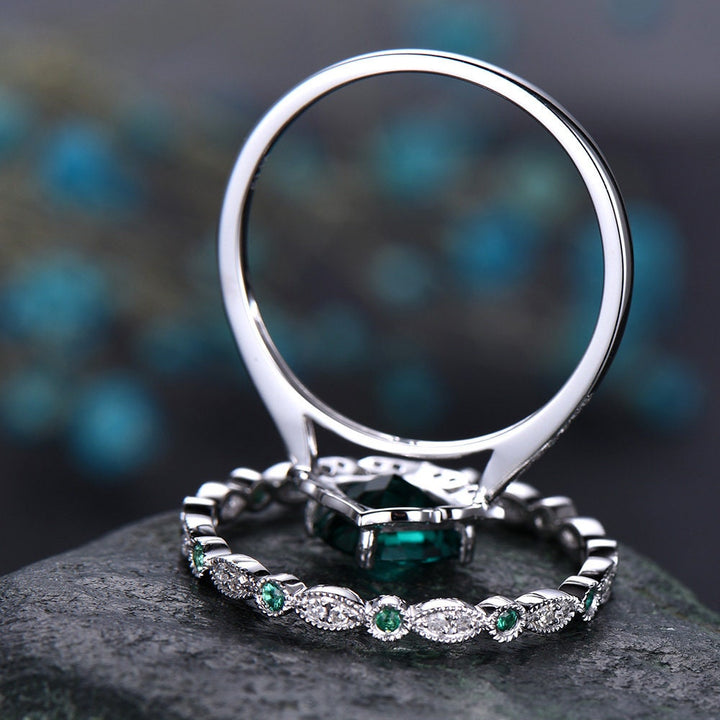 Cushion cut Emerald engagement ring set 14k white gold full eternity diamond matching band art deco halo gift wedding promise bridal ring set for her