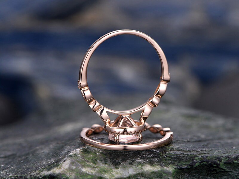 Morganite engagement ring set solid 14k rose gold handmade diamond halo ring 2pc stacking round marquise wedding promise anniversary ring