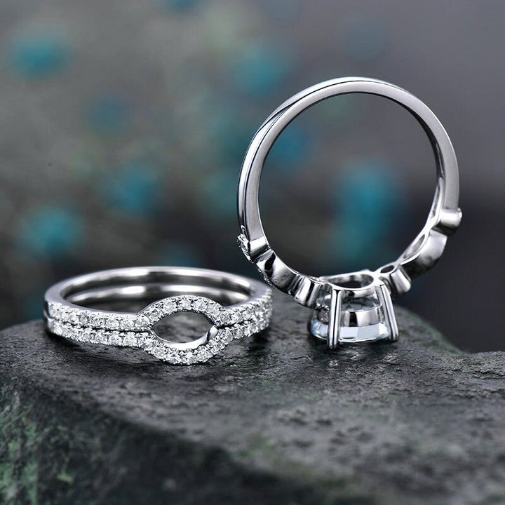 3pc blue aquamarine engagement ring set white gold diamond bridal set stacking matching band march birthstone unique wedding promise ring