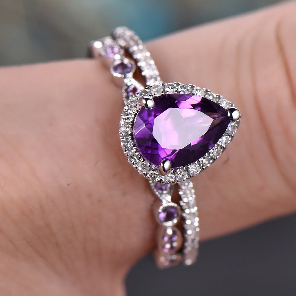 Amethyst engagement ring solid 14k White rose gold pear cut engagement ring amethyst wedding ring 2pc bridal set birthstone anniversary gift