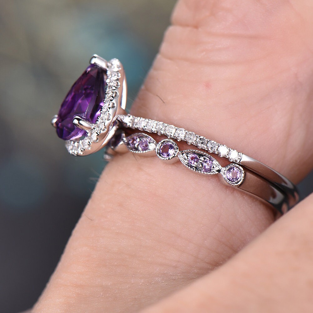 Amethyst engagement ring solid 14k White rose gold pear cut engagement ring amethyst wedding ring 2pc bridal set birthstone anniversary gift