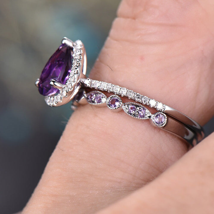 Amethyst engagement ring solid 14k White rose gold pear cut engagement ring amethyst wedding ring 2pc bridal set birthstone anniversary gift