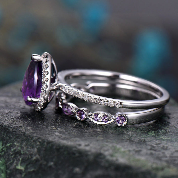Amethyst engagement ring solid 14k White rose gold pear cut engagement ring amethyst wedding ring 2pc bridal set birthstone anniversary gift