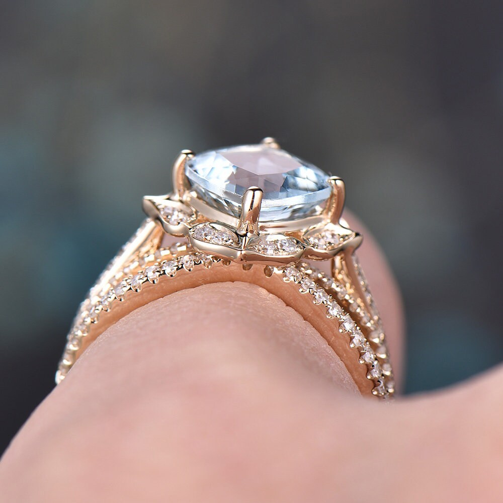 Blue aquamarine engagement ring set solid 14k yellow gold handmade diamond wedding ring 2PC stacking ring floral promise bridal ring set
