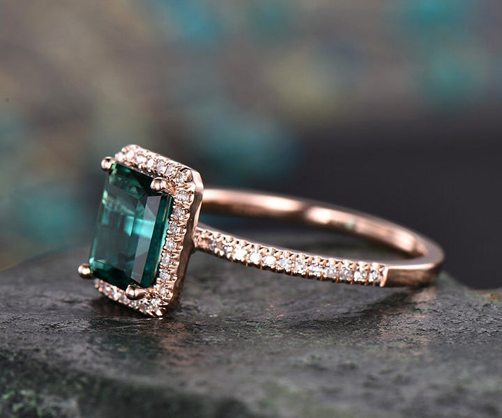 Green emerald engagement ring 14k rose gold handmade emerald ring vintage diamond halo ring stacking band bridal promise ring lab emerald