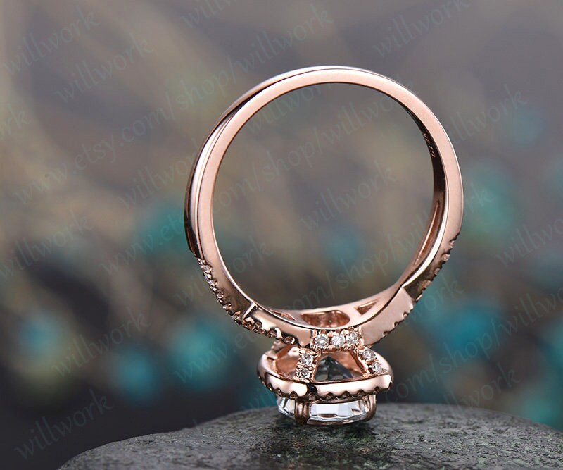 Round cut aquamarine engagement ring rose gold halo diamond wedding ring infinity twisted unique promise anniversary March birthstone ring
