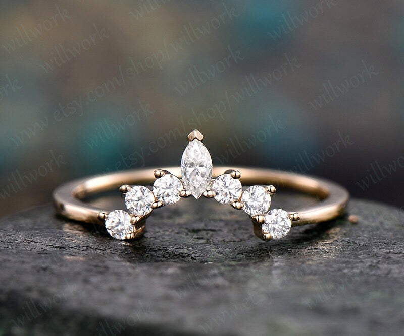 Marquise cut moissanite wedding ring 14k yellow gold crown moissanite matching band unique antique art deco curved wedding band gift for her