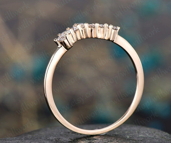 Marquise cut moissanite wedding ring 14k yellow gold crown moissanite matching band unique antique art deco curved wedding band gift for her