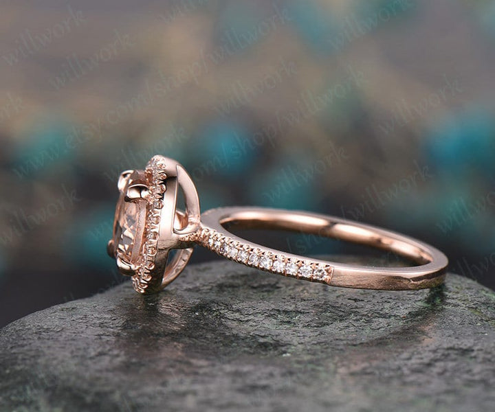 ONLY THE Morganite engagement ring rose gold handmade solid 14k rose gold real diamond ring 8mm round Cut gemstone promise halo bridal Ring