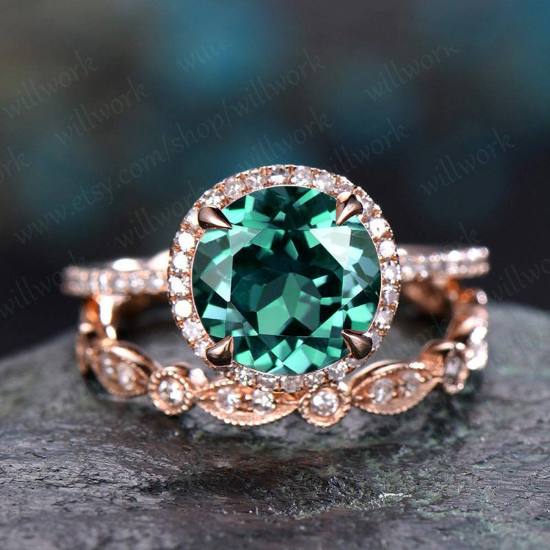 Emerald ring vintage emerald engagement ring set rose gold full eternity matching marquise diamond halo ring band bridal wedding ring set