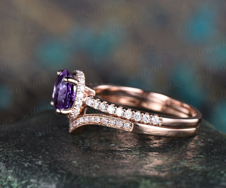 Purple amethyst engagement ring set rose gold under halo moissanite 2pc stacking matching crown unique wedding bridal promise ring set gift