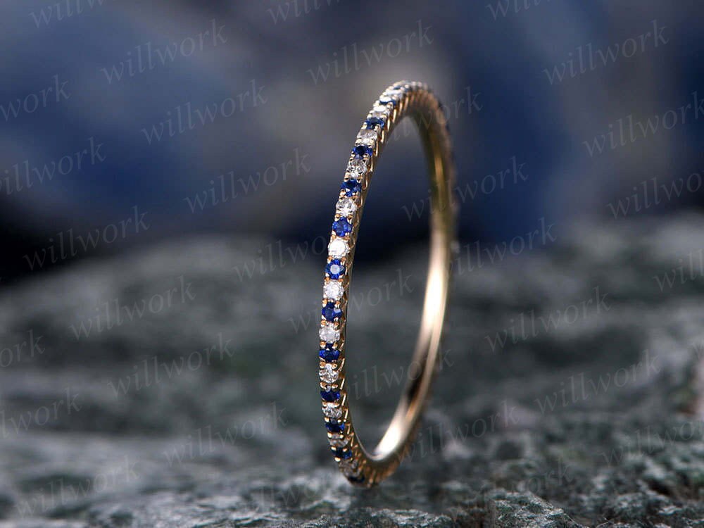 Natural blue sapphire wedding ring band solid 14k rose gold petite diamond ring full eternity tiny stones V Pave 1.2mm matching bridal band