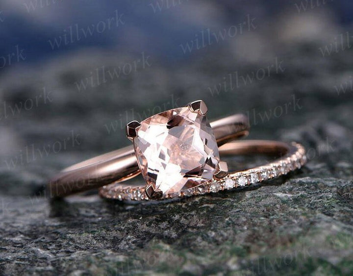 Morganite engagement ring set solid 14k rose gold ring real diamond ring cushion unique antique wedding anniversary bridal promise ring set