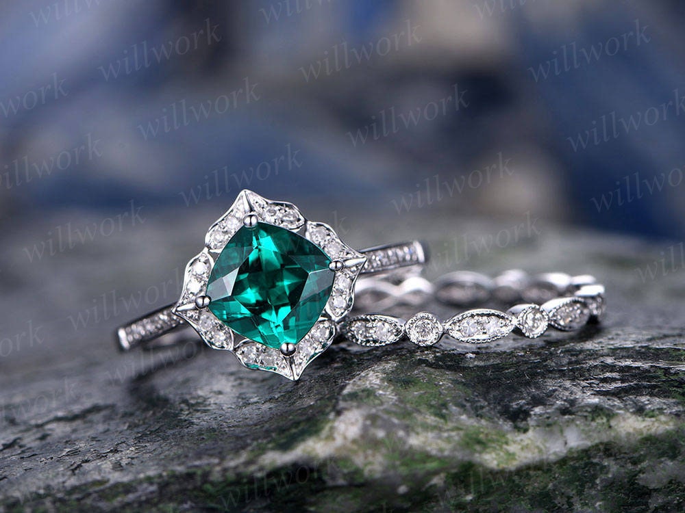 Green emerald engagement ring set yellow gold 2pc flower diamond halo full eternity matching art deco wedding May birthstone bridal ring set