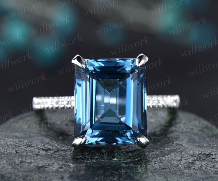 10x12mm London blue topaz engagement ring 14k white gold topaz ring under diamond halo basket infinity ring antique wedding promise ring