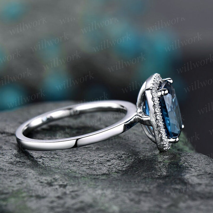 Cushion London blue topaz engagement ring 14k white gold diamond halo topaz ring gold unique antique bridal wedding promise ring for her