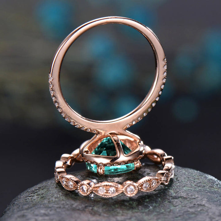 Emerald ring vintage emerald engagement ring set rose gold full eternity matching marquise diamond halo ring band bridal wedding ring set