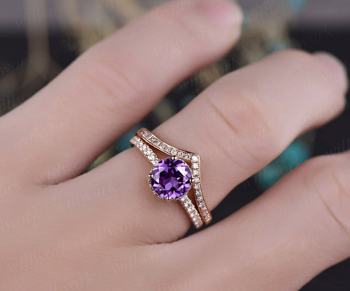 Purple amethyst engagement ring set rose gold under halo moissanite 2pc stacking matching crown unique wedding bridal promise ring set gift