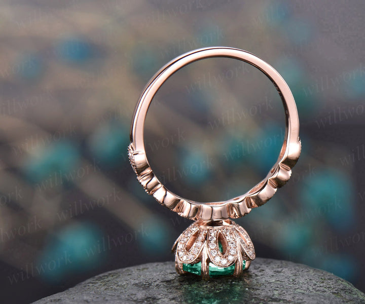 7mm emerald ring vintage emerald engagement ring 14k rose gold diamond under halo ring unique antique marquise floral wedding promise ring