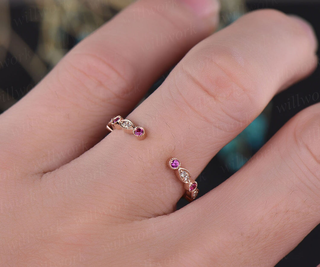 Natural ruby diamond wedding band 14k rose gold real diamond stacking matching wedding half eternity Migrain open gap art deco ring band