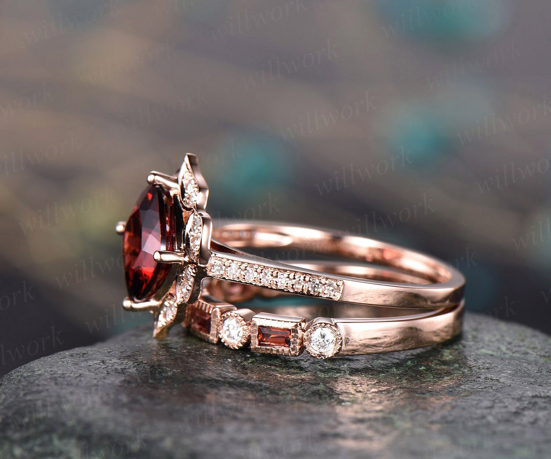 2pc red garnet engagement ring 14k rose gold garnet ring gold antique diamond halo ring garnet matching band January birthstone wedding ring