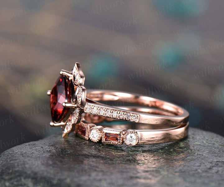 2pc red garnet engagement ring 14k rose gold garnet ring gold antique diamond halo ring garnet matching band January birthstone wedding ring