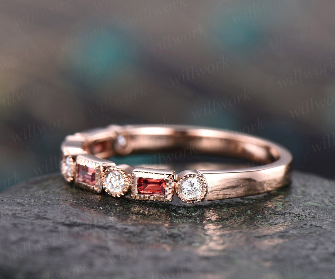 Garnet diamond wedding ring band 14k rose gold garnet ring vintage stacking half eternity matching wedding band princess cut promise ring