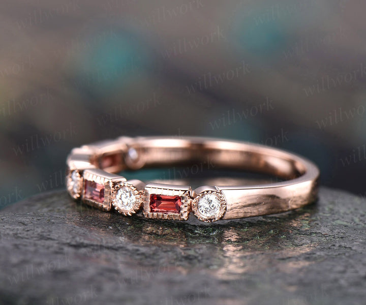 Garnet diamond wedding ring band 14k rose gold garnet ring vintage stacking half eternity matching wedding band princess cut promise ring