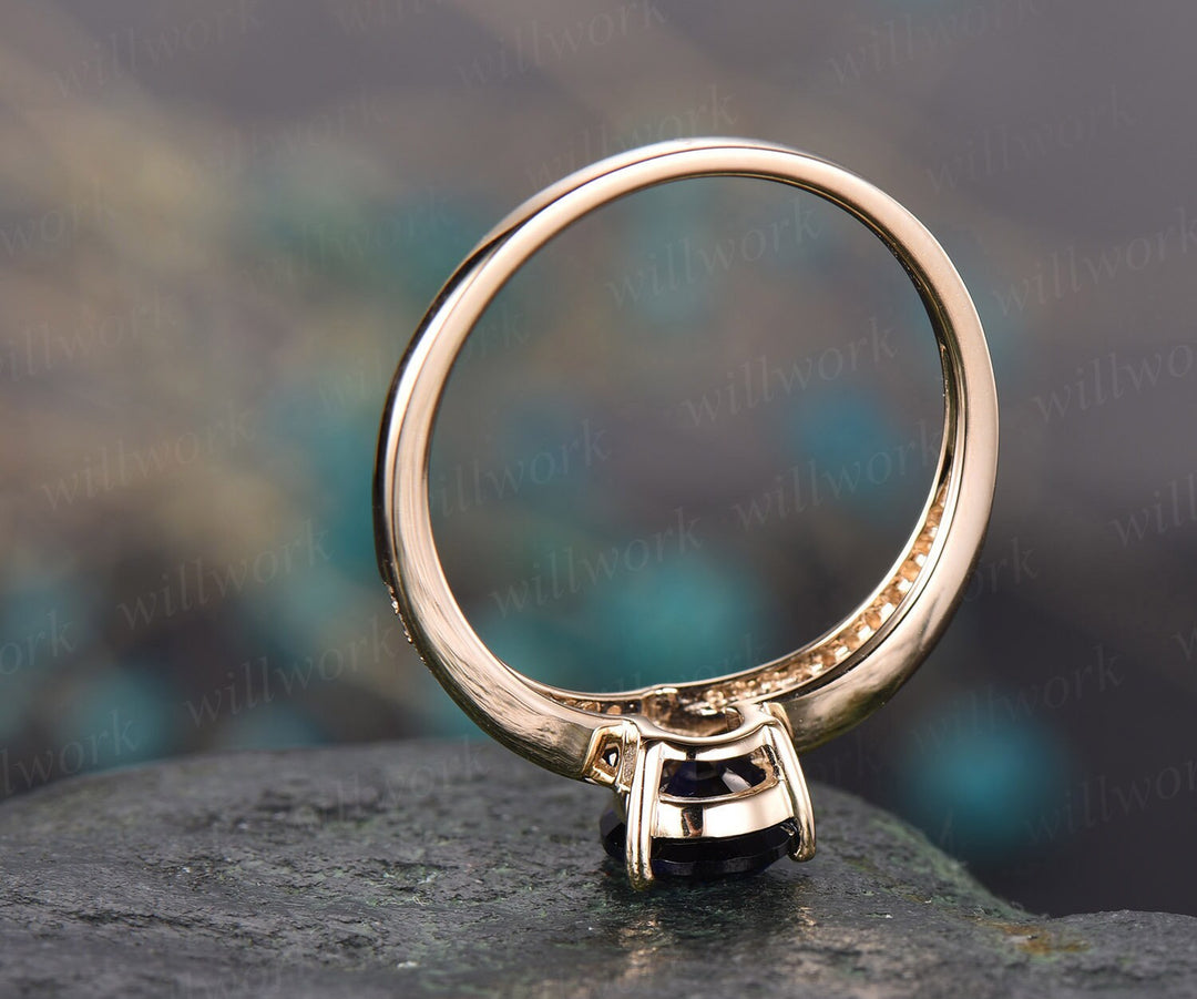 Pear blue sapphire engagement ring solid 14k yellow gold ring split shank diamond ring 6x8mm sapphire ring vintage gold women wedding ring