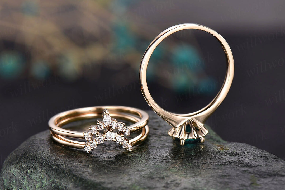 3pcs emerald engagement ring set yellow gold May birthstone matching flower crown diamond halo ring moissanite wedding bridal ring band set