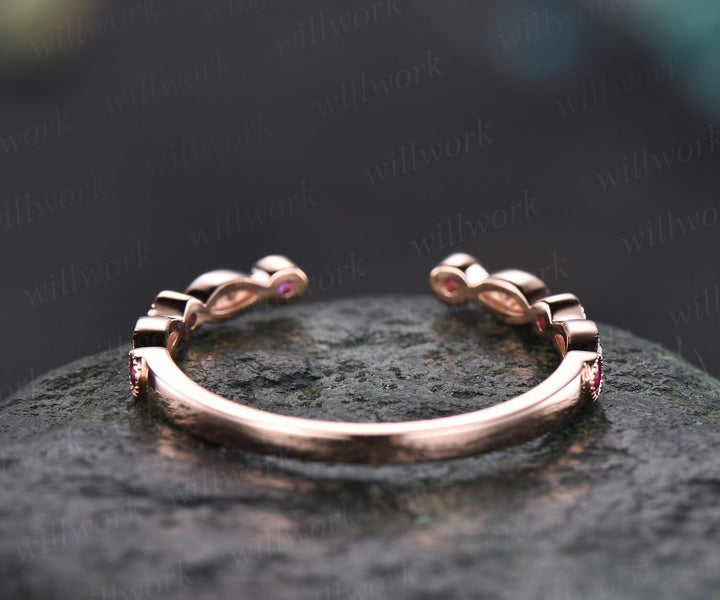 Natural ruby diamond wedding band 14k rose gold real diamond stacking matching wedding half eternity Migrain open gap art deco ring band