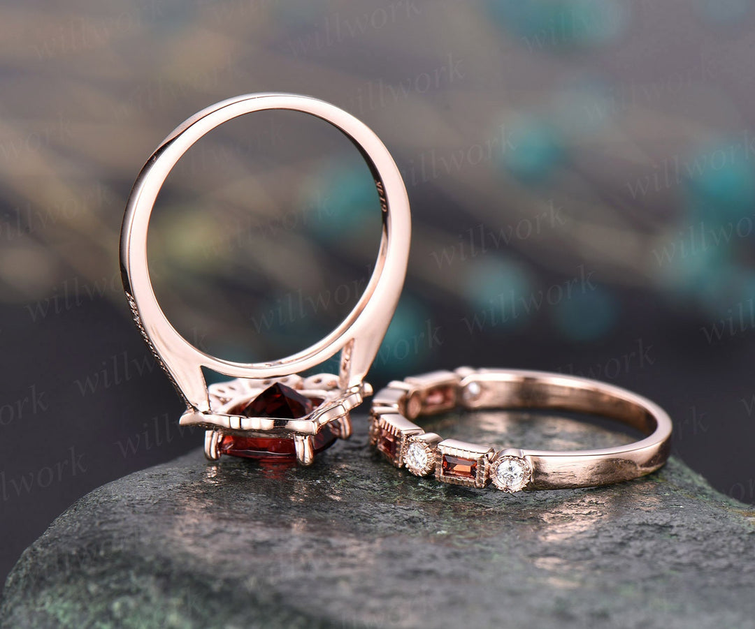 2pc red garnet engagement ring 14k rose gold garnet ring gold antique diamond halo ring garnet matching band January birthstone wedding ring