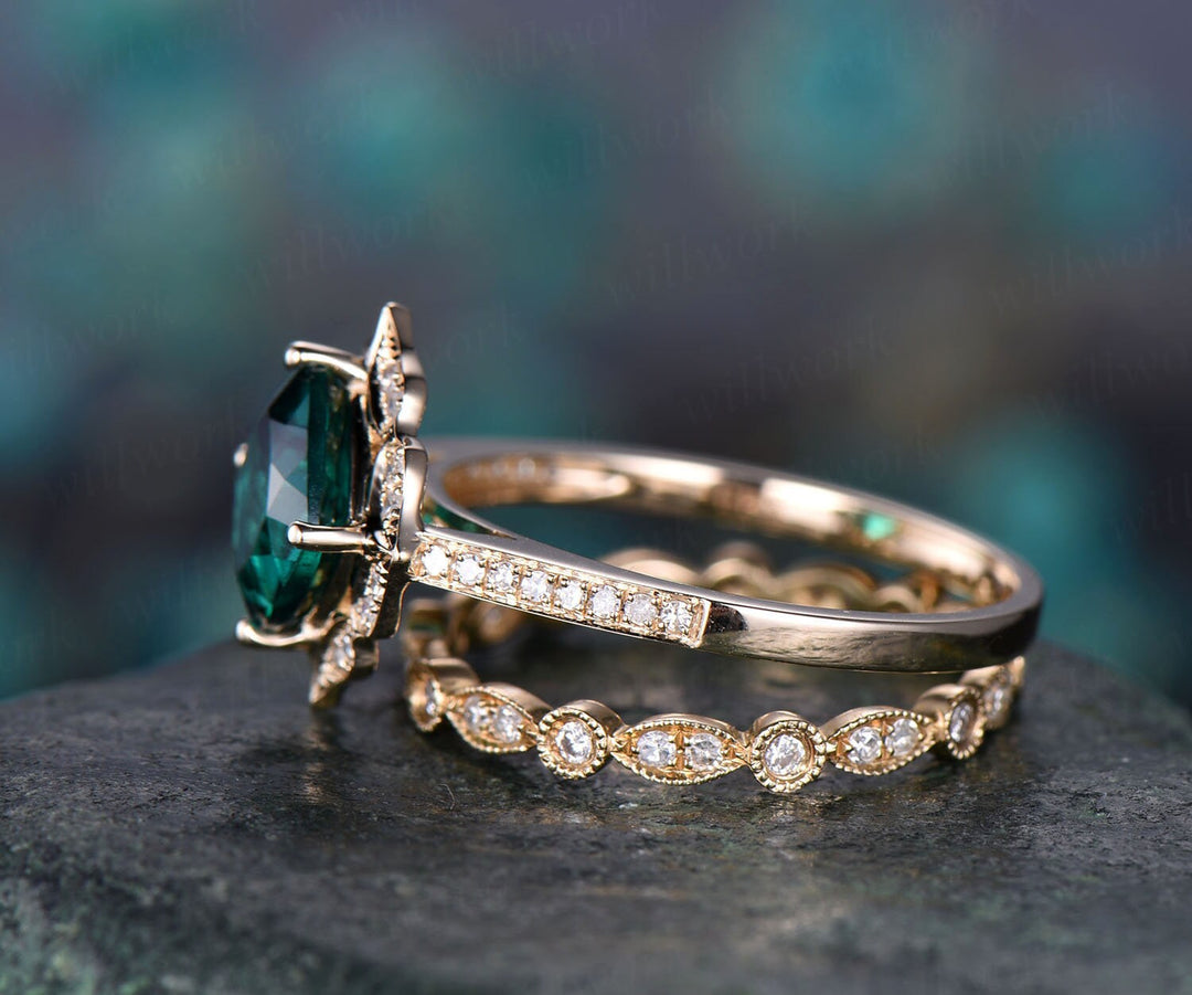 Green emerald engagement ring set yellow gold 2pc flower diamond halo full eternity matching art deco wedding May birthstone bridal ring set