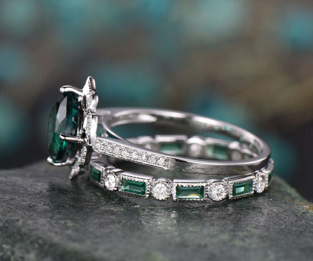 Green emerald engagement ring set white rose gold 2pc flower diamond halo full eternity emerald matching May birthstone bridal wedding ring