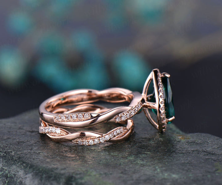 1 pc pear shaped emerald engagement ring set 14k rose gold emerald ring