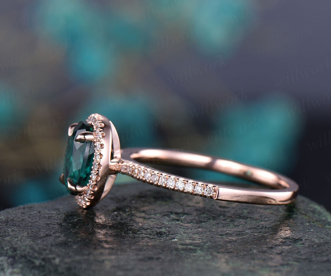 Emerald engagement ring 14k rose gold emerald ring vintage real diamond ring unique halo may birthstone promise wedding ring