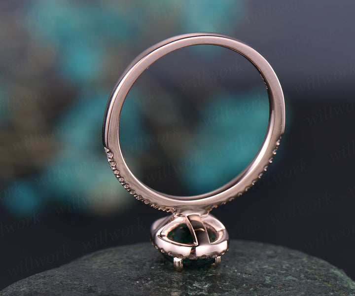 Emerald engagement ring 14k rose gold emerald ring vintage real diamond ring unique halo may birthstone promise wedding ring