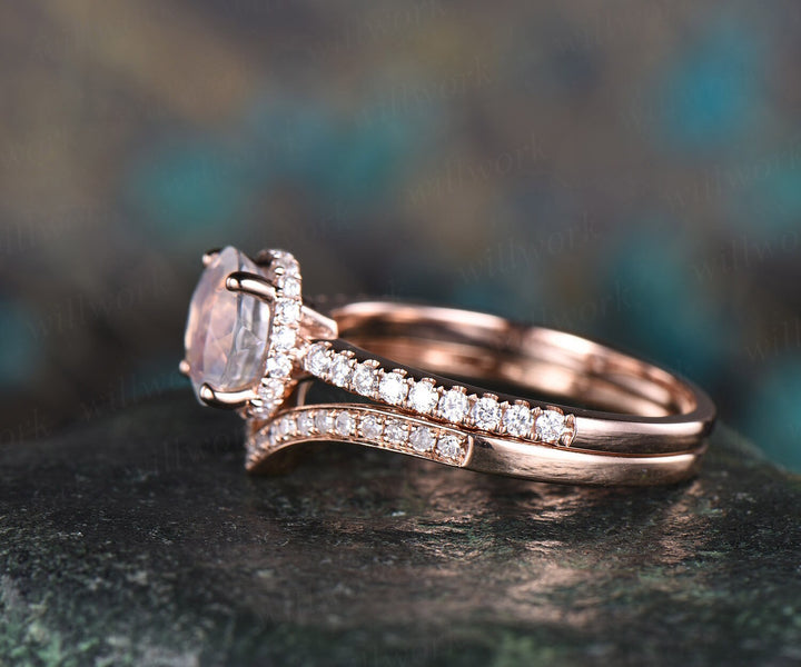 Natural moonstone ring gold vintage 2pc moonstone engagement ring set rose gold under halo moissanite matching crown wedding bridal ring set