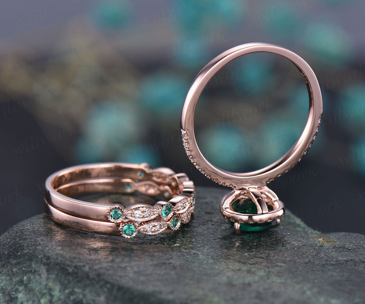 Vintage unique pear shaped emerald engagement ring set halo diamond 14k rose gold art deco natural emerald wedding band May birthstone ring