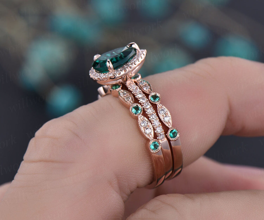 Vintage unique pear shaped emerald engagement ring set halo diamond 14k rose gold art deco natural emerald wedding band May birthstone ring
