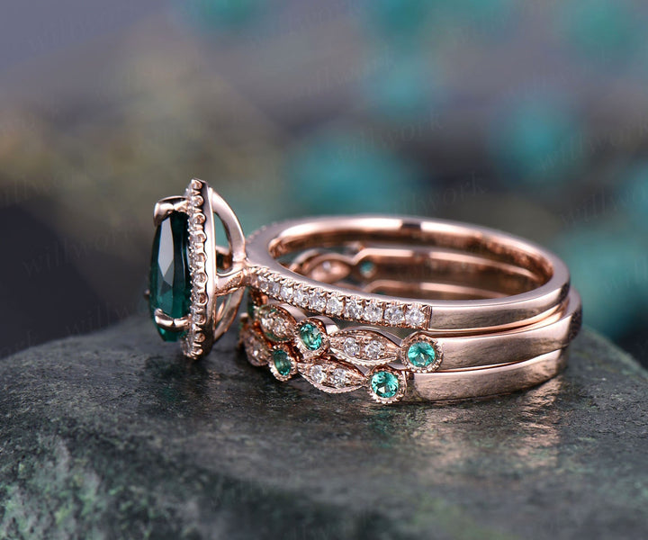 Vintage unique pear shaped emerald engagement ring set halo diamond 14k rose gold art deco natural emerald wedding band May birthstone ring