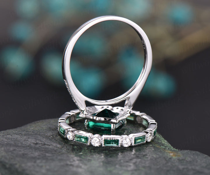 Green emerald engagement ring set white rose gold 2pc flower diamond halo full eternity emerald matching May birthstone bridal wedding ring
