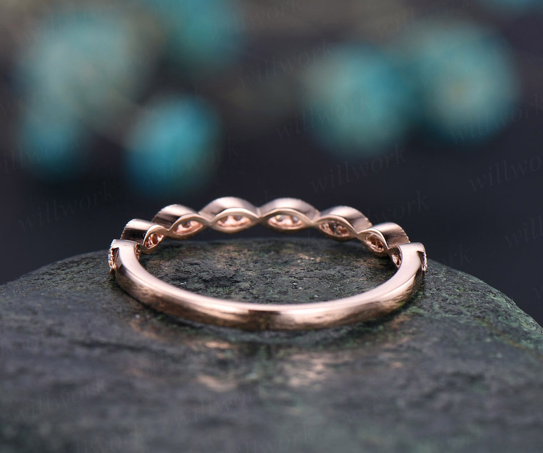 Art deco diamond wedding ring band 14k rose gold marquise diamond wedding half eternity matching stacking promise bridal ring band jewelry