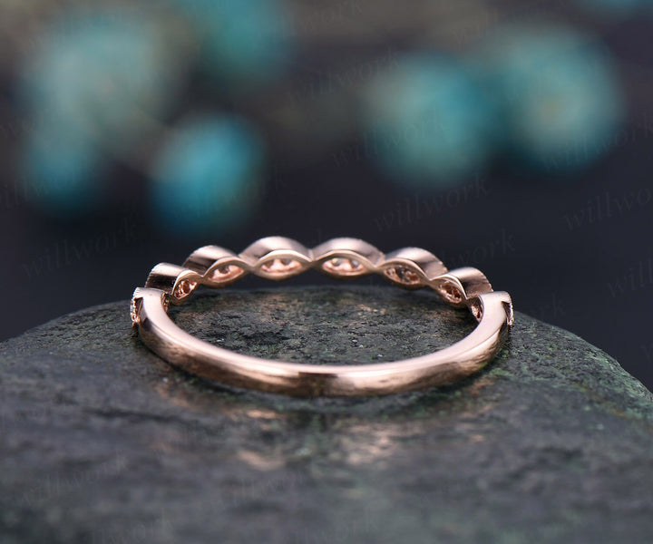 Art deco diamond wedding ring band 14k rose gold marquise diamond wedding half eternity matching stacking promise bridal ring band jewelry