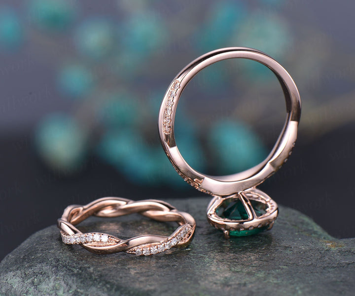 2pcs pear shaped emerald engagement ring set 14k rose gold emerald ring vintage full eternity diamond ring May birthstone ring bridal set