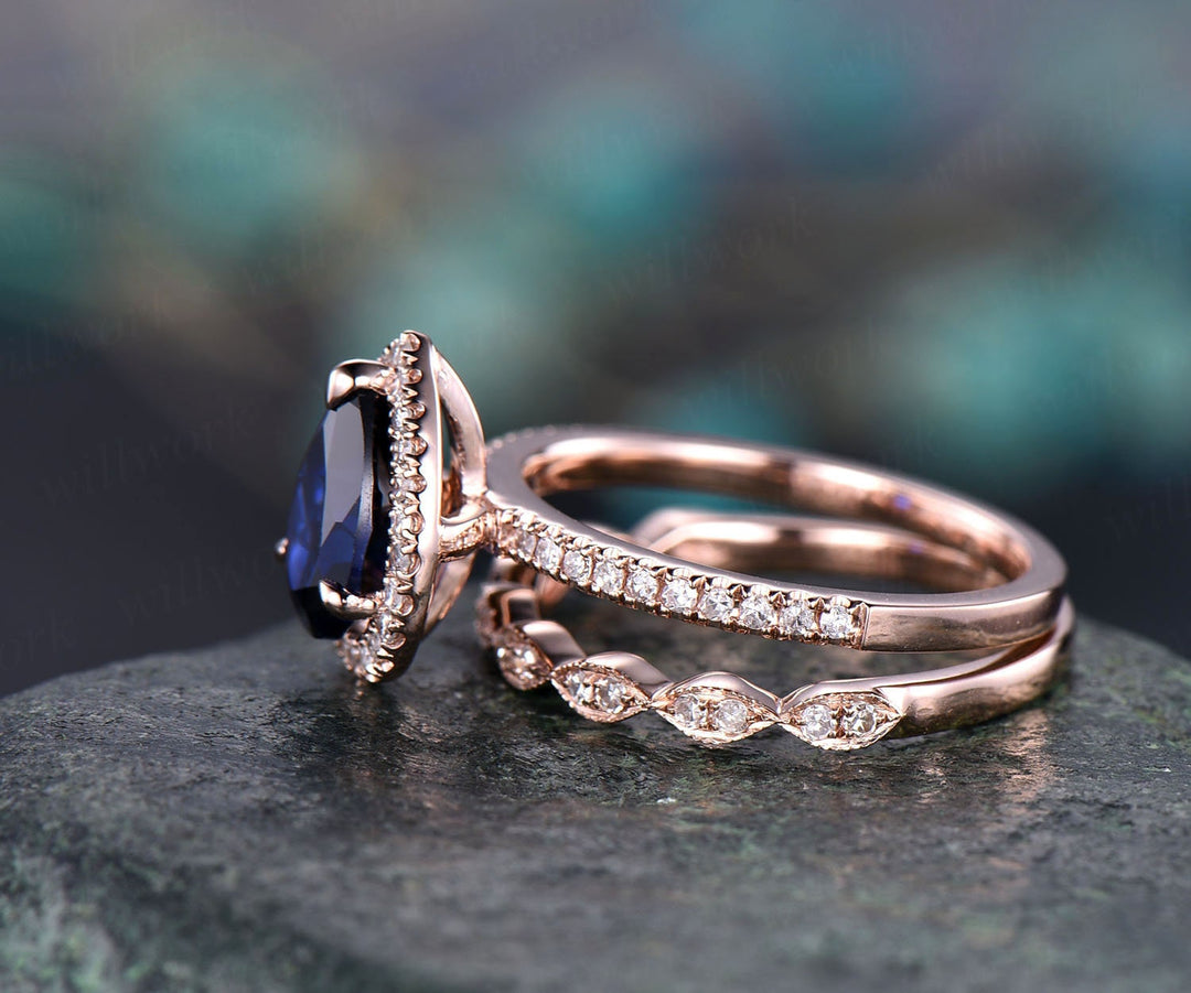 6x8mm 2pc sapphire bridal set sapphire engagement ring set rose gold art deco real diamond ring band matching wedding women gift jewelry