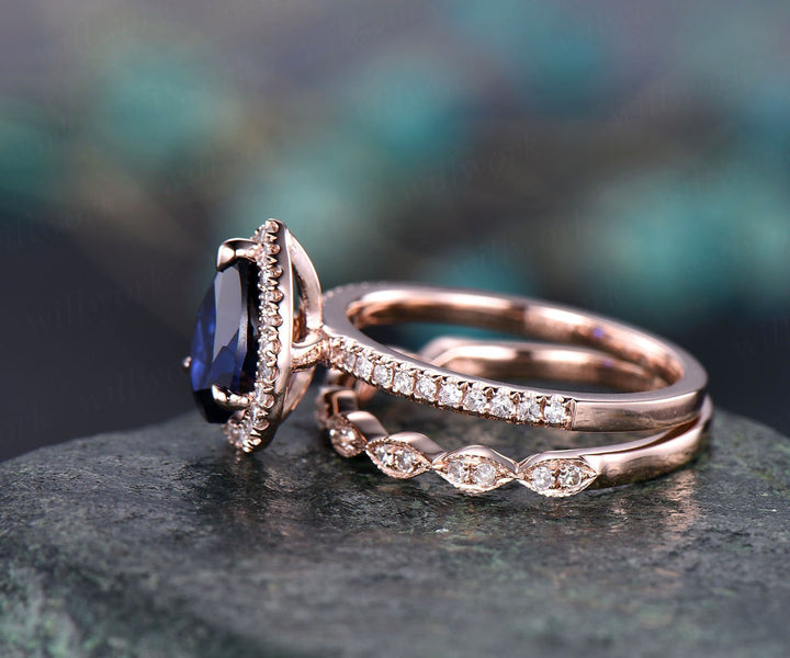 6x8mm 2pc sapphire bridal set sapphire engagement ring set rose gold art deco real diamond ring band matching wedding women gift jewelry