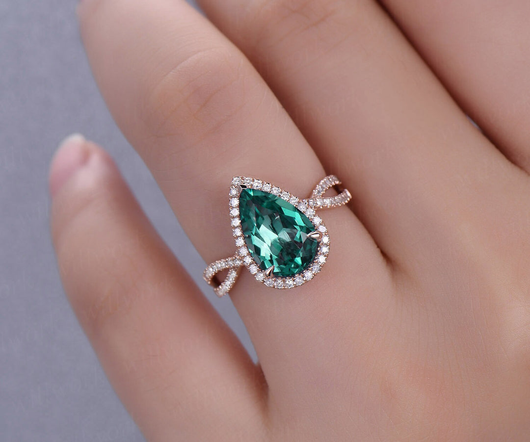 Emerald engagement ring 14k rose gold diamond halo ring split shank vintage May birthstone promise wedding bridal anniversary ring jewelry