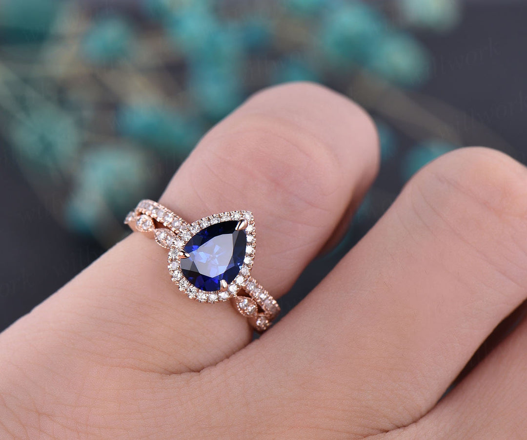 6x8mm 2pc sapphire bridal set sapphire engagement ring set rose gold art deco real diamond ring band matching wedding women gift jewelry